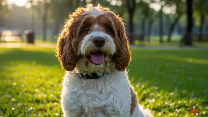 Cockapoo with fluffy curly coat sitting on grass in Singapore, warm afternoon light