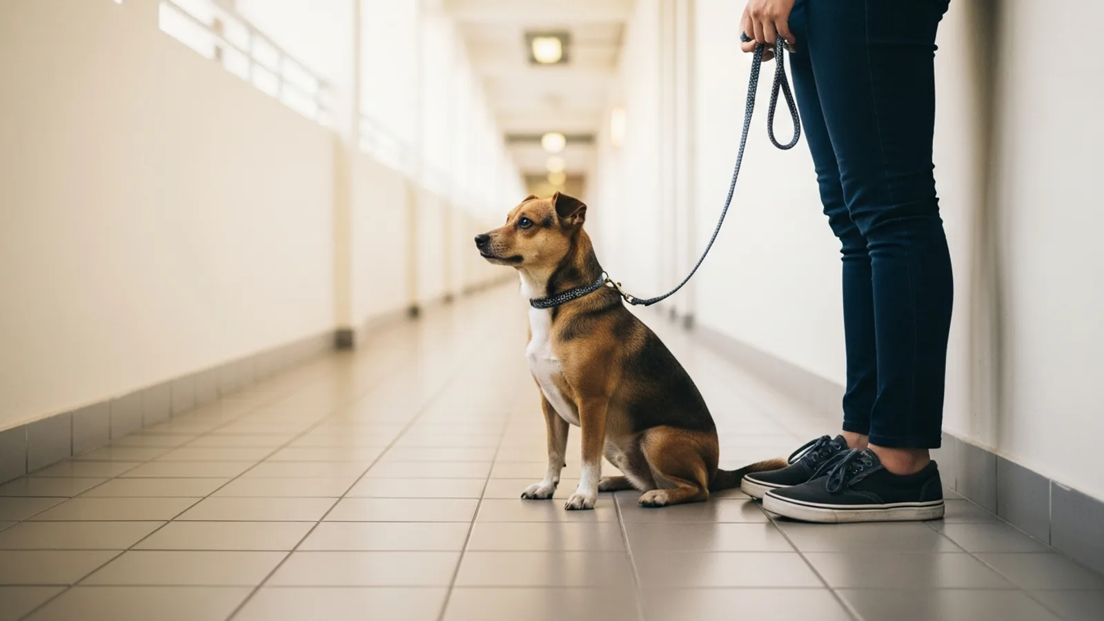 A small cross-breed dog sitting in an HDB corridor