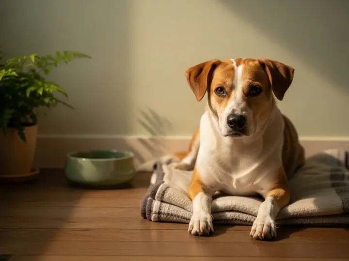 A calm Mongrel resting comfortably on a folded blanket in a warm-lit Singapore home, soft golden window light.