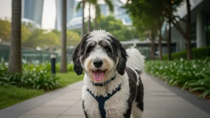 Sheepadoodle with black and white fluffy coat in outdoor Singapore setting, afternoon light