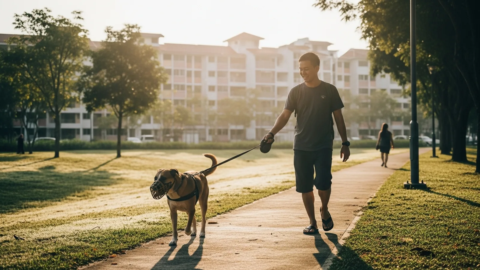 A dog owner walking a large dog on a lead along a Singapore park connector