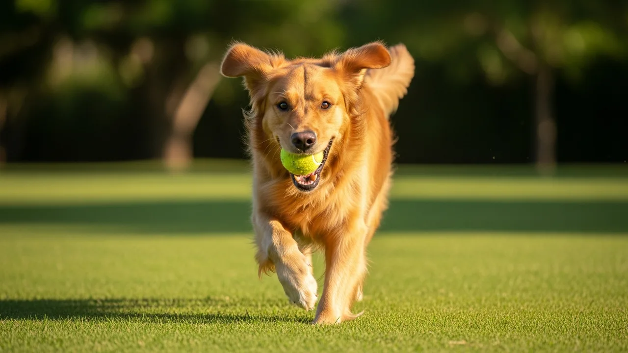 A dog sprinting toward the camera across grass carrying a ball in its mouth