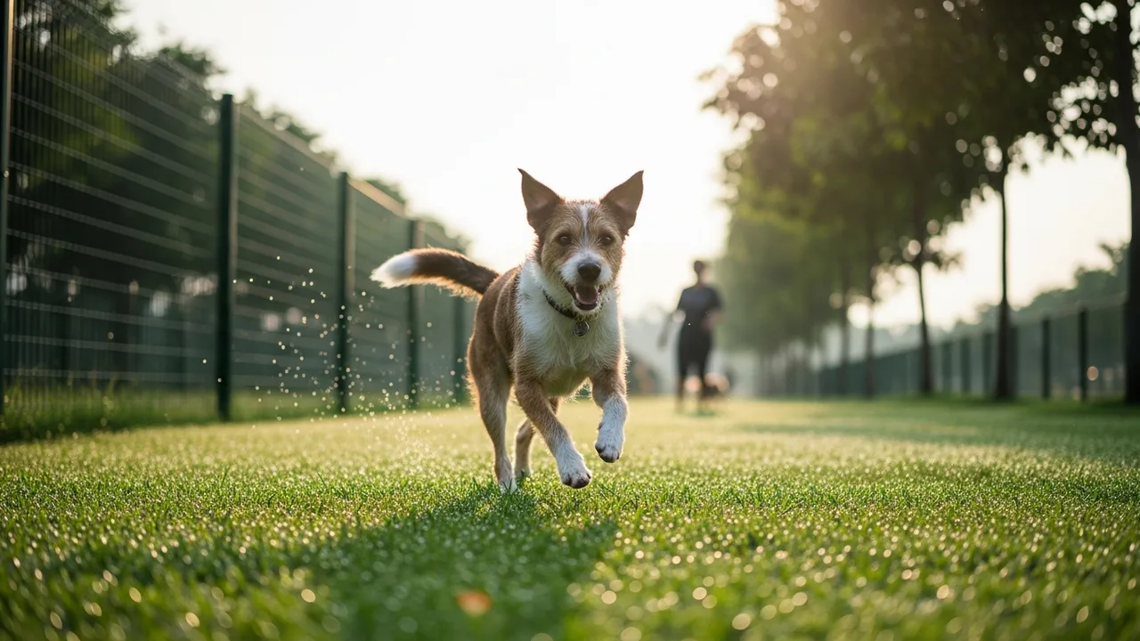 A dog mid-stride running through a fenced grassy dog run in the cool early morning light