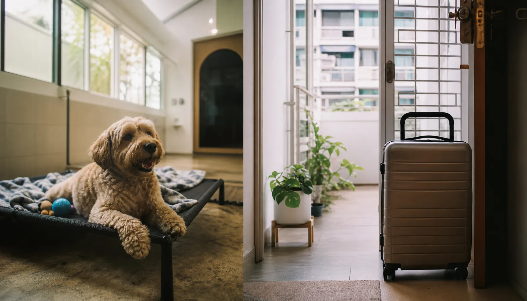 A dog resting in a boarding-style room while a packed suitcase waits by a Singapore flat's front door
