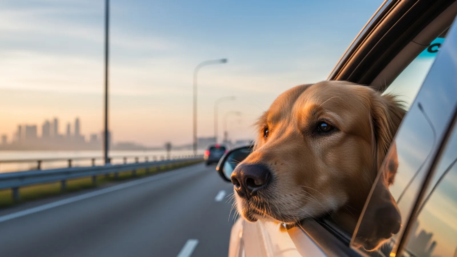 A dog looking calmly out of a car window in the queue at the Woodlands Causeway checkpoint at first light, the Johor skyline soft in the distance