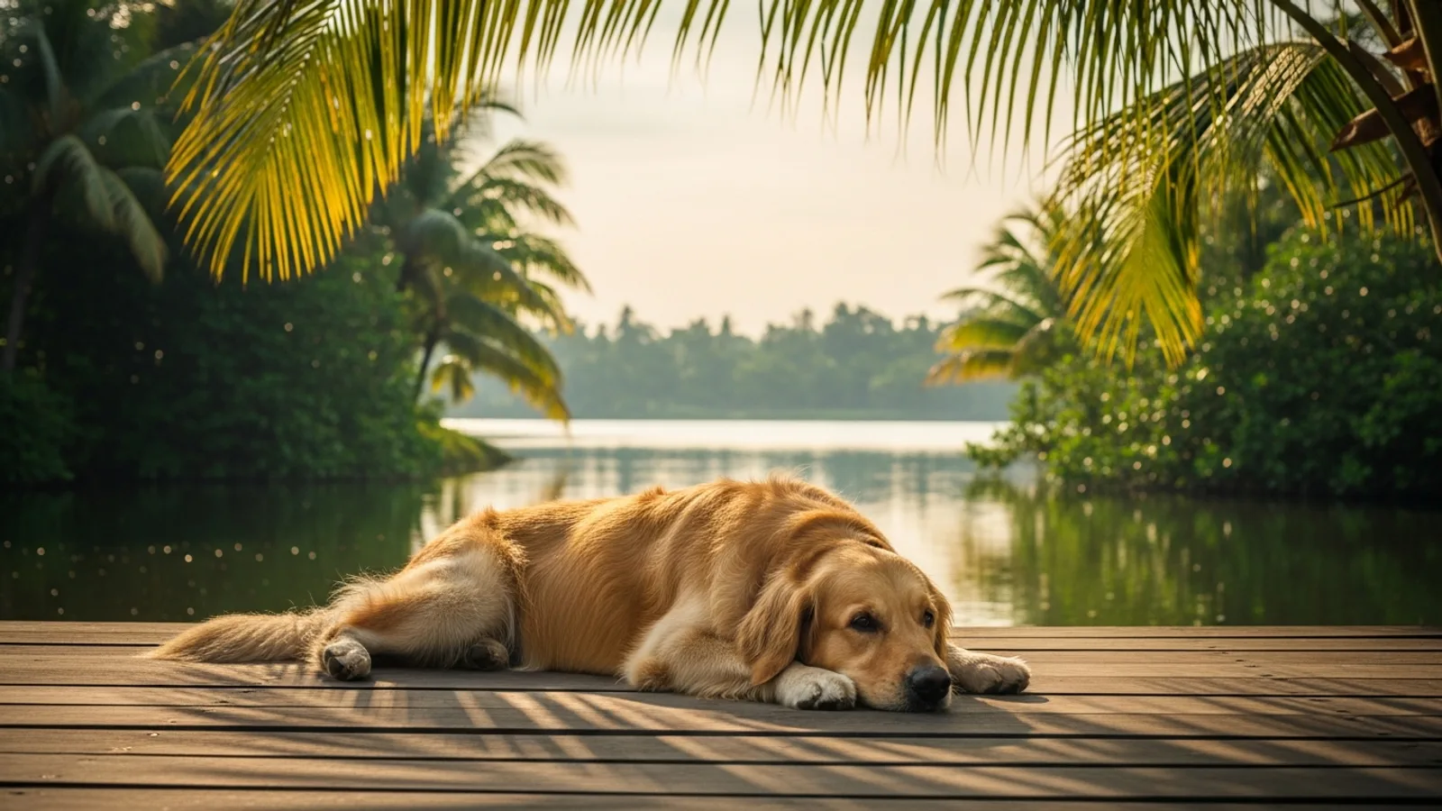 A relaxed dog on a shaded resort boardwalk in Iskandar Puteri, Johor Bahru, in soft early-morning light with the water beyond