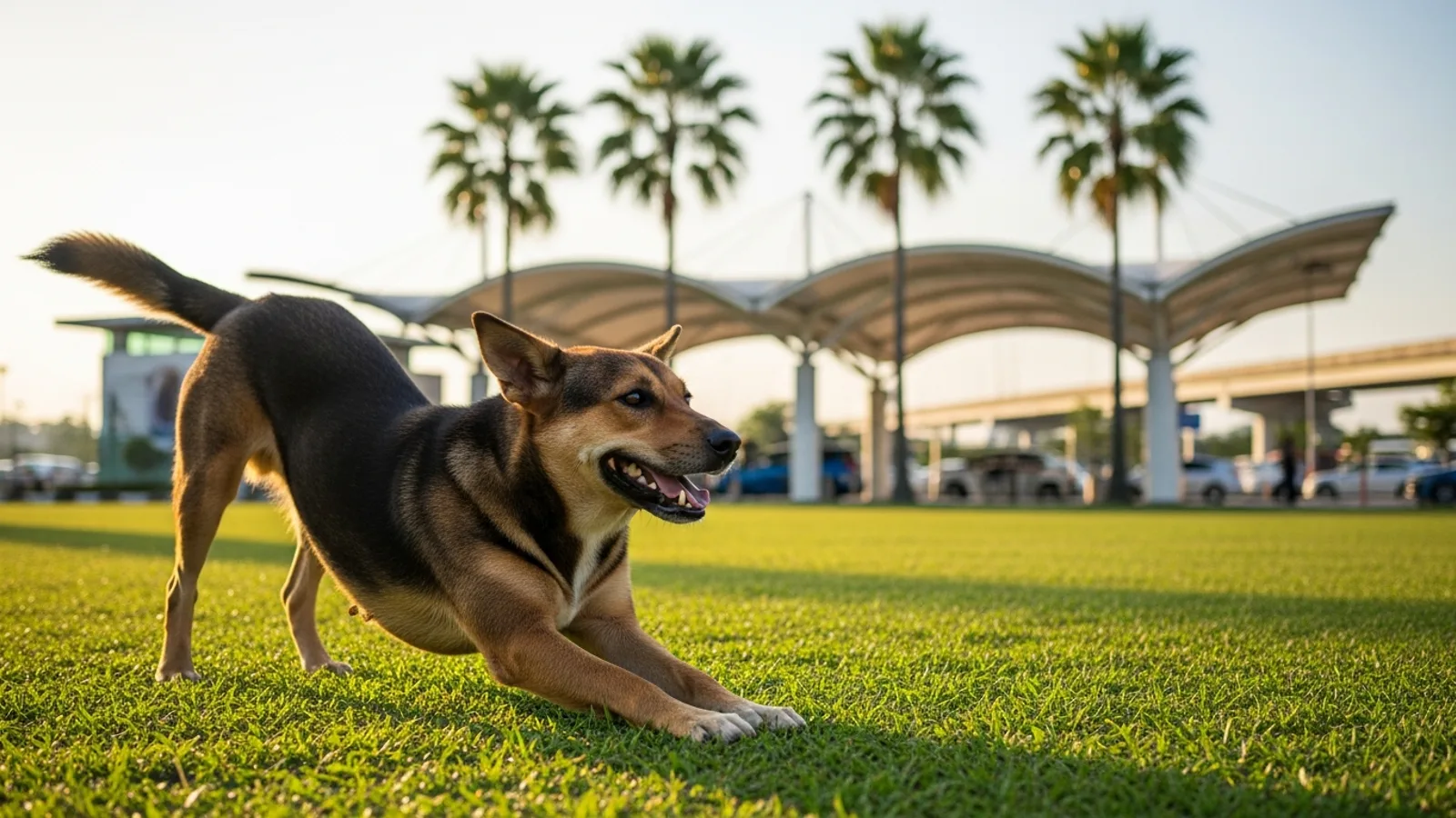 A dog stretching its legs on a grassed rest-stop lawn beside the North-South Expressway in Malaysia, palm trees and a service-area canopy behind