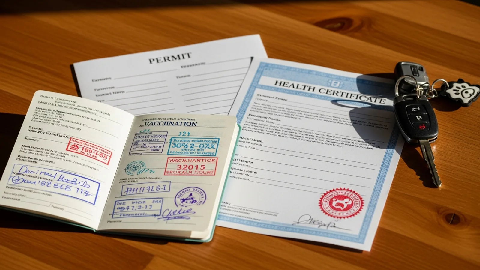 A neat flat-lay of the documents needed to take a dog across the border: a vaccination booklet, a printed permit, and a vet health certificate on a wooden table