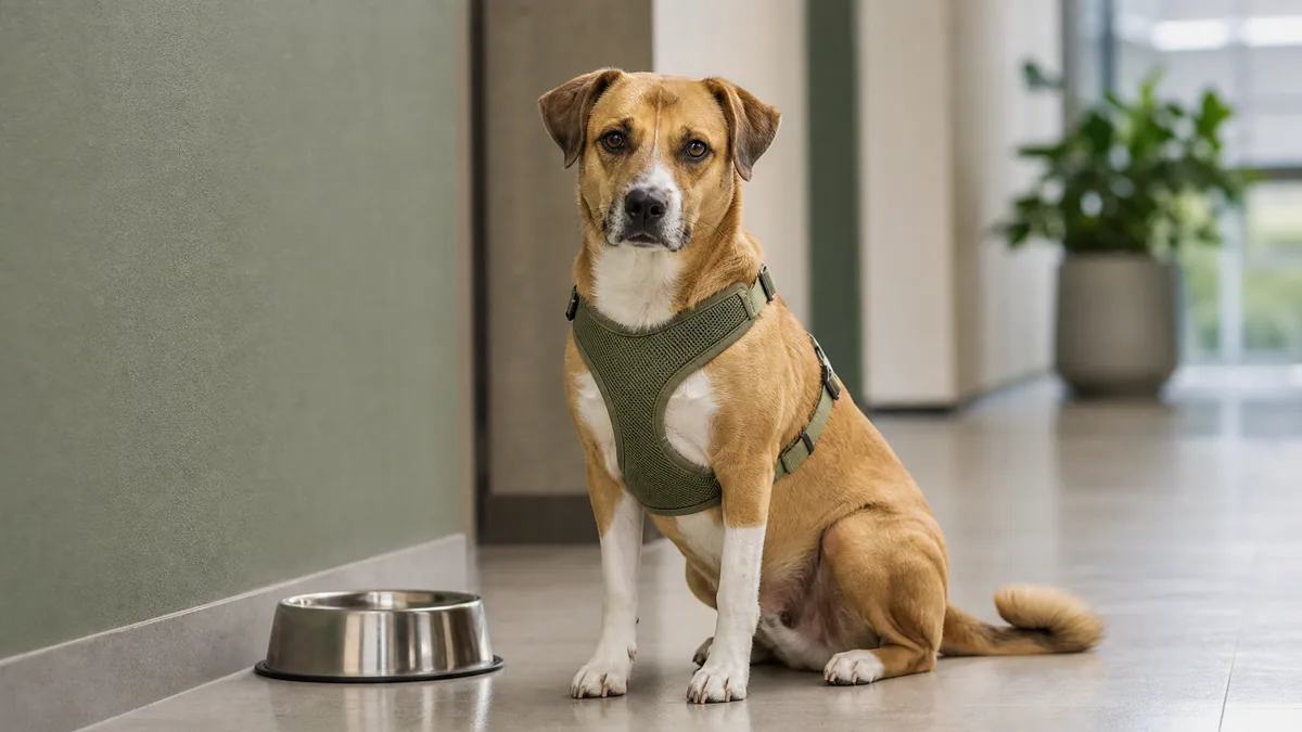 A dog wearing a properly fitted Y-shaped fabric harness sitting calmly on an HDB corridor floor beside a stainless steel bowl